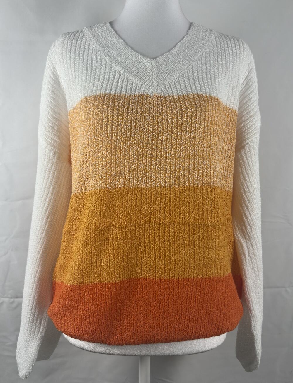 NWT Mainstrip Colorblock V-Neck Lightweight Sweater Ivory Orange Size Medium